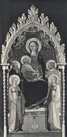 Anonimo — Maestro del 1419 - sec. XV - Madonna con Bambino in trono tra una giovane santa, sant'Antonio Abate, santa Caterina d'Alessandria, san Giuliano l'Ospedaliere (?) — insieme